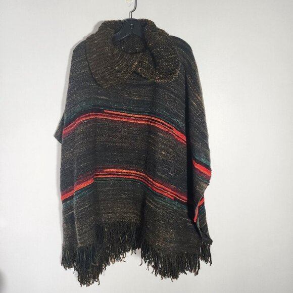 Striped Wool Poncho Fringe Boho Hippie Brown Red OS - Picture 2 of 12